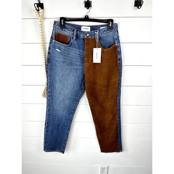 NEW Frame Le Original suede paneled high rise straight jeans